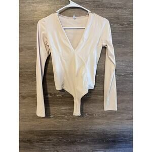 Free People Deep V-Neck Long Sleeve Bodysuit Light Pink Size XS Ballet Pilates